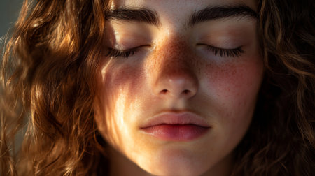 Close-up of a woman with a relaxed expression, her eyes closed, and her face slightly illuminated by natural light, conveying a sense of calm and serenity.の素材
