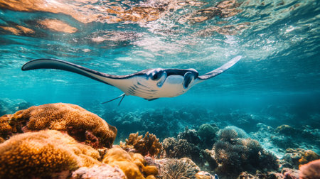 Close-up of a graceful manta ray gliding over a coral reef, with its expansive wings and gentle movements captured in the clear, shallow watersの素材