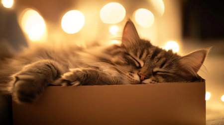 Close-up of a fluffy cat peacefully sleeping in a small cardboard box, with its head peeking over the edge and paws tucked inside, surrounded by soft lighting.の素材