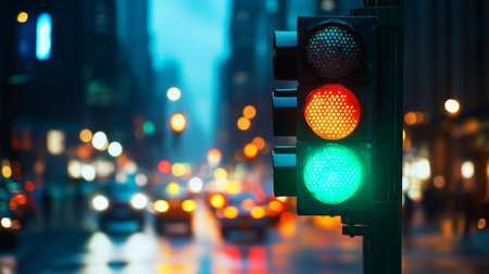 Close-up of a traffic light with a green signal illuminated, set against a city street with blurred cars and pedestrians in the background.の素材