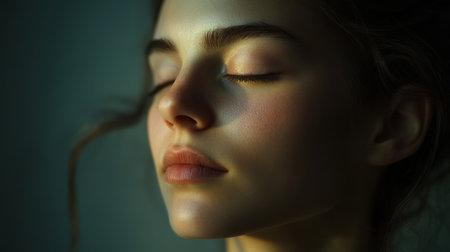 Close-up of a woman with a relaxed expression, her eyes closed, and her face slightly illuminated by natural light, conveying a sense of calm and serenity.の素材
