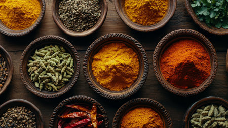 Close-up of a vibrant array of Indian spices in decorative bowls, including turmeric, cumin, and cardamom, arranged on a rustic wooden surface.の素材