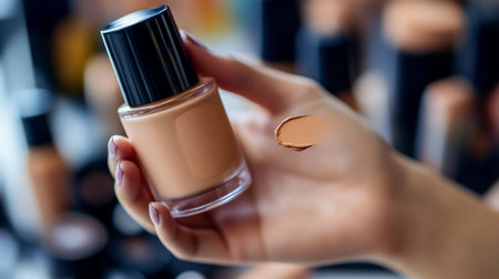 Close-up of a hand applying foundation from a cosmetic bottle onto the back of a hand, with other makeup products visible in the background.の素材