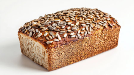 Close-up of a loaf of bread with a variety of seeds on top, including sunflower and sesame seeds, against a plain white background for a simple presentation.の素材