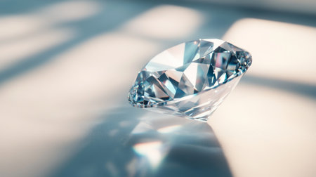 Close-up of a sparkling diamond on a white surface, with intricate facets and reflections creating a dazzling effect against a clean, simple backdropの素材
