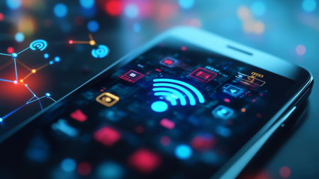Close-up of a smartphone displaying a signal strength icon, with wireless connectivity symbols in the background, emphasizing modern communication.の素材