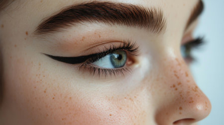 Close-up of a woman face with perfect foundation, bold eyeliner, and perfectly groomed eyebrows, set against a simple white background.の素材