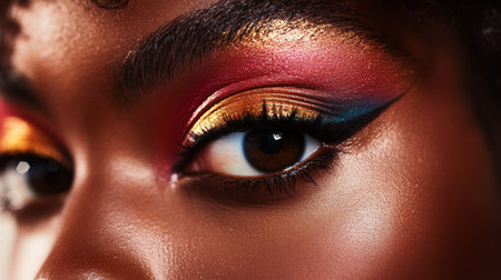 Close-up of a woman face with intricate eye makeup, including bold eyeshadow and eyeliner, emphasizing the detailed artistry against a plain backdrop.の素材