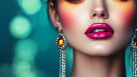 Close-up of a woman with vibrant makeup and bold lipstick, her face framed by elegant jewelry, capturing a glamorous and sophisticated look.の素材