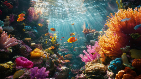 Close-up of a vibrant coral reef teeming with colorful fish, sea anemones, and other marine creatures, showcasing the rich diversity of underwater life.の素材