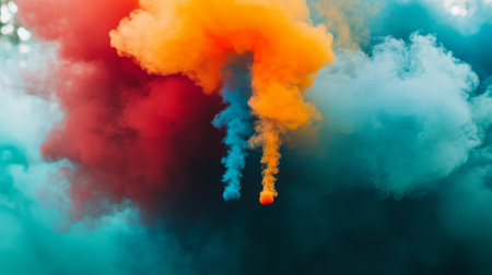 Close-up of colorful smoke billowing out of a smoke bomb, with intense reds, blues, and greens creating a dramatic and visually striking effect.の素材