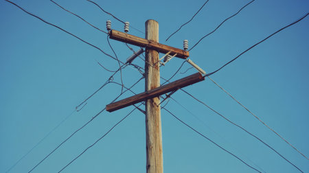 Close-up of an electric pole with multiple wires crossing in different directions, set against a clear blue sky. The pole is weathered, showing signs of age.の素材