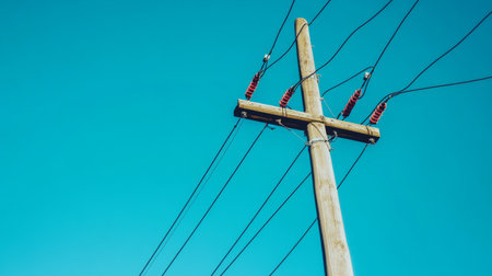 Close-up of an electric pole with multiple wires crossing in different directions, set against a clear blue sky. The pole is weathered, showing signs of age.の素材