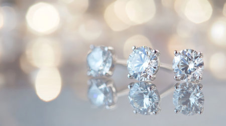 Close-up of diamond earrings arranged on a glossy surface with a reflection, emphasizing their clarity and brilliance with a soft, neutral backdrop.の素材