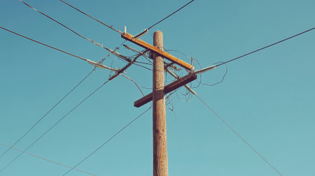 Close-up of an electric pole with multiple wires crossing in different directions, set against a clear blue sky. The pole is weathered, showing signs of age.の素材