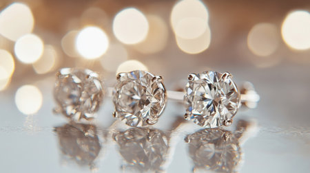 Close-up of diamond earrings arranged on a glossy surface with a reflection, emphasizing their clarity and brilliance with a soft, neutral backdrop.の素材
