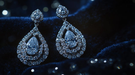 Close-up of exquisite diamond earrings sparkling under soft light, showcasing their intricate design and brilliance against a dark velvet background.の素材