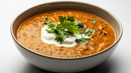 Delicious Indian dal makhani served in a bowl with a dollop of cream on top, garnished with fresh coriander, set against a simple white background.の素材