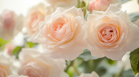 Close-up of delicate pink roses in full bloom, with soft petals and a subtle, dreamy background, capturing the elegance and beauty of the flowers.の素材