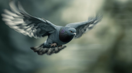 Close-up shot of a bird in flight, captured with its wings beating and body streamlined, set against a soft-focus background of clouds or greenery.の素材