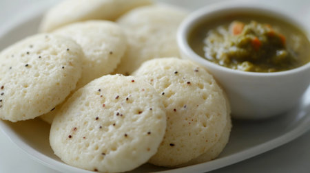 Close-up of fluffy and soft idli served with coconut chutney and sambar, highlighting the traditional South Indian breakfast, set against a white surface.の素材