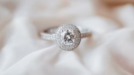 Detailed shot of a diamond engagement ring with a halo setting, placed on a white fabric to accentuate its shine and intricate design.の素材