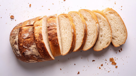 Detailed shot of a sliced loaf of bread with a soft interior and crispy crust, arranged on a white surface with crumbs scattered around.の素材