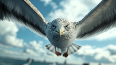 Detailed shot of a bird flying close to the camera, with a focus on its wing movements and feather details, against a backdrop of blue or cloudy sky.の素材