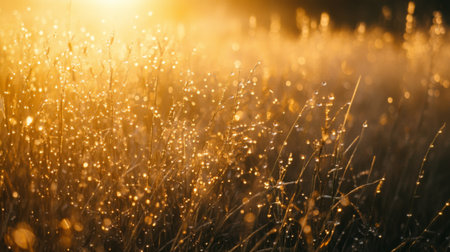 Dew-covered grass in the early morning, with tiny water droplets glistening in the sunlight, creating a fresh and serene atmosphere.の素材