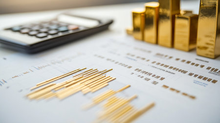 Detailed view of a financial report with a gold price graph, showing market trends and data points on a white desk with a calculator and pen.の素材