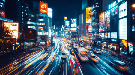 Dynamic shot of a busy urban street with moving traffic and illuminated billboards, capturing the energy and vibrancy of a city at night.の素材