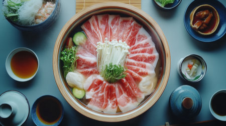 Elegant presentation of a Japanese-style hot pot (shabu-shabu) with thinly sliced meats, vegetables, and dipping sauces, set against a minimalist background.の素材