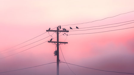 Electric pole with birds perched on the wires, the background a soft pastel sky at dawn. The image conveys a peaceful, early morning atmosphere.の素材
