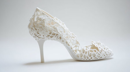 Elegant white high heels with intricate lace detailing, set against a pristine white background, emphasizing their delicate and sophisticated design.の素材