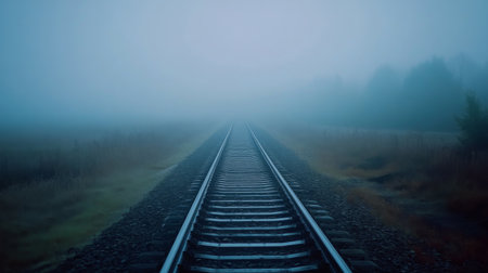 Early morning shot of railway tracks with fog rolling in, creating a mysterious and serene atmosphere, with the tracks disappearing into the mist.の素材