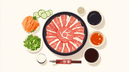 Elegant presentation of a Japanese-style hot pot (shabu-shabu) with thinly sliced meats, vegetables, and dipping sauces, set against a minimalist background.の素材