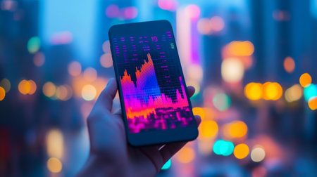 Hand holding a smartphone with a graph showing increasing profits, set against a blurred cityscape background. The graph is in focus, with vibrant colors.の素材