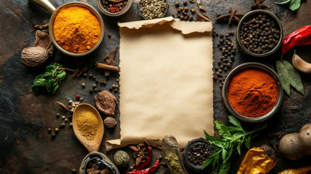 Flat lay of Indian spices with accompanying recipe cards or cookbooks, emphasizing the use of spices in traditional Indian cooking.の素材
