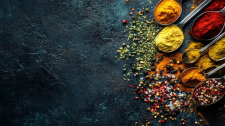 Flat lay of assorted Indian spices scattered across a dark countertop, with a focus on their rich colors and textures, alongside measuring spoons.の素材