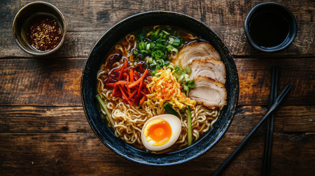 Flat lay of a traditional Japanese ramen bowl with steaming broth, noodles, sliced pork, soft-boiled egg, and fresh vegetables, presented on a wooden table.の素材