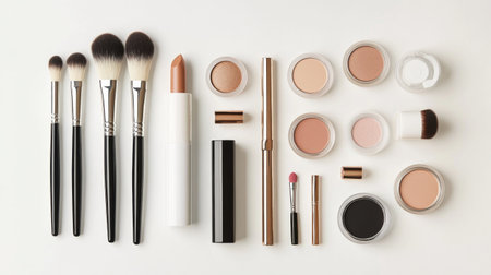 Flat lay of a beauty routine setup with various makeup products like foundation, lipstick, and brushes, arranged neatly on a white surface.の素材