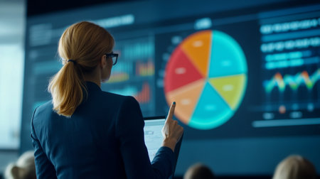 Female executive standing in front of a large screen displaying a 3D pie chart, explaining data trends to an audience. The chart is colorful and detailed.の素材