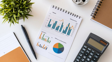 Flat lay of a business report with graphs, charts, and financial data, arranged on a white desk with a notebook, calculator, and pen.の素材