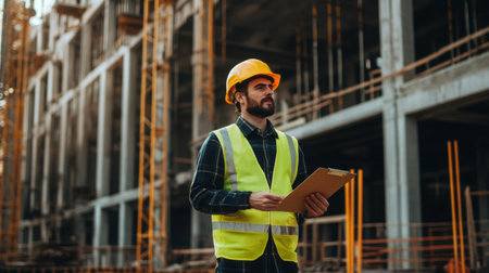 Engineer in safety gear walking through a construction site, making notes on a clipboard, with unfinished structures and equipment surrounding himの素材