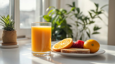 Healthy breakfast setup featuring a glass of freshly squeezed orange juice alongside a plate of toast and fruit, with a white kitchen counter backdrop.の素材