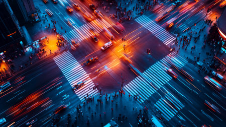 High-angle shot of a city intersection with illuminated crosswalks and traffic signals, showing the organized chaos of urban life after dark.の素材