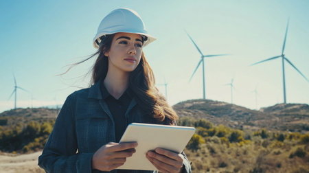 Female engineer in a hard hat holding a tablet, inspecting a wind turbine on a renewable energy site, with wind turbines and a clear sky in the backgroundの素材