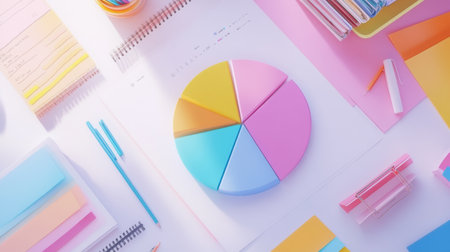 Flat lay of a business report featuring a 3D pie chart with different colored slices and percentage labels, set on a clean white desk with office supplies.の素材