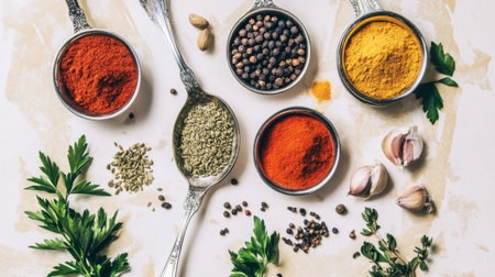 Flat lay of Indian spices with accompanying recipe cards or cookbooks, emphasizing the use of spices in traditional Indian cooking.の素材