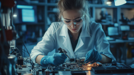 Female engineer in a lab coat working on a prototype circuit board in a high-tech laboratory, with electronic components and tools scattered on the workbench.の素材